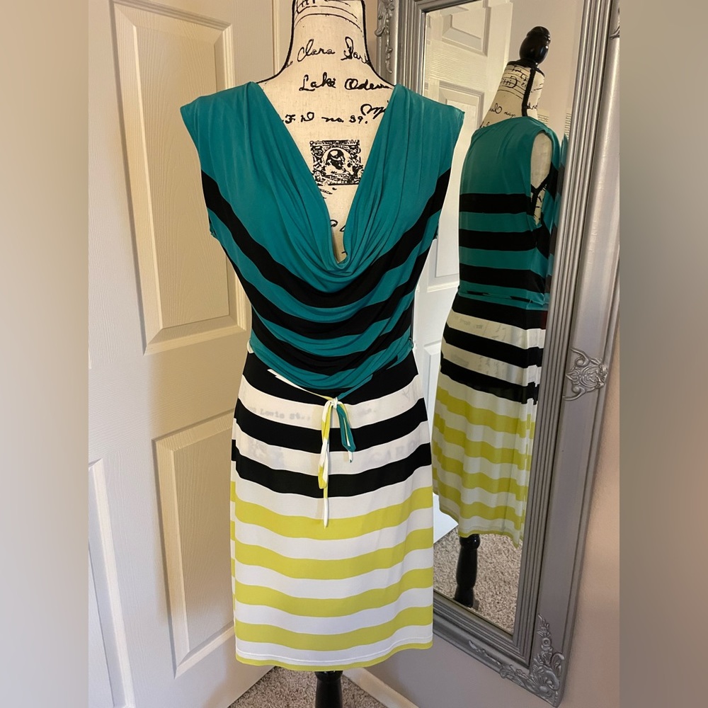 Slink cowl neck striped dress.